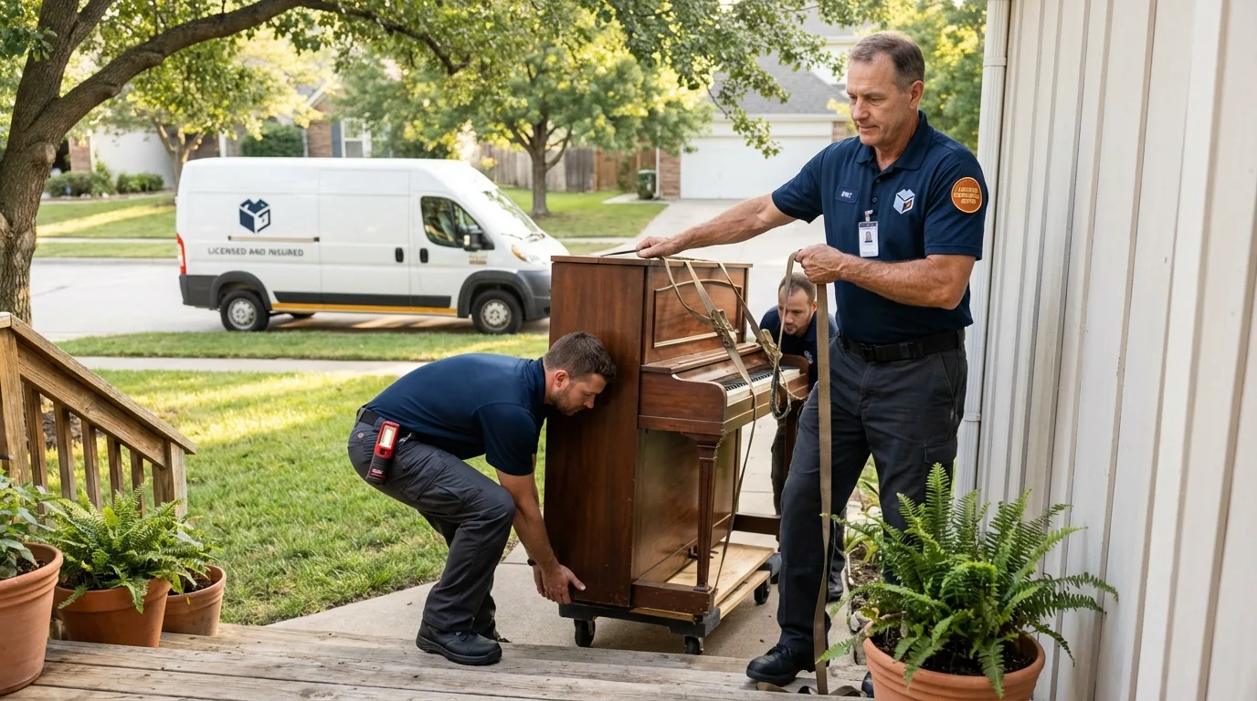 Licensed piano movers securing grand piano in Santa Clarita, CA