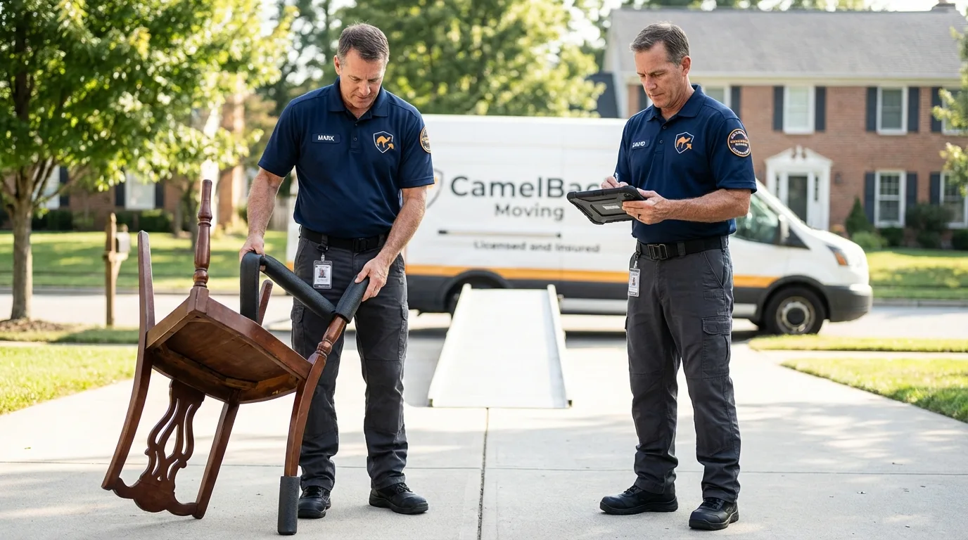 Movers inspecting furniture for damage prevention before loading in Santa Clarita, CA