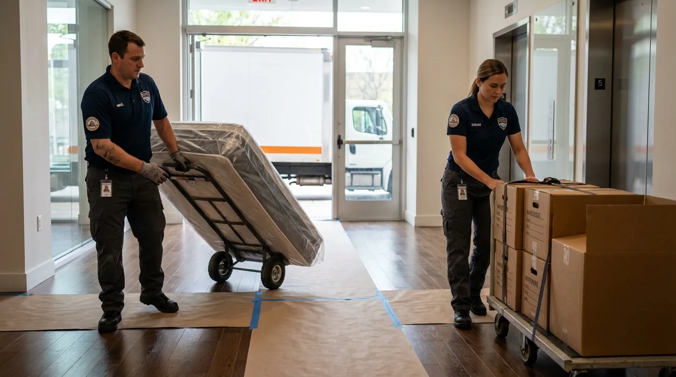 Professional apartment movers loading elevator in Santa Clarita, CA