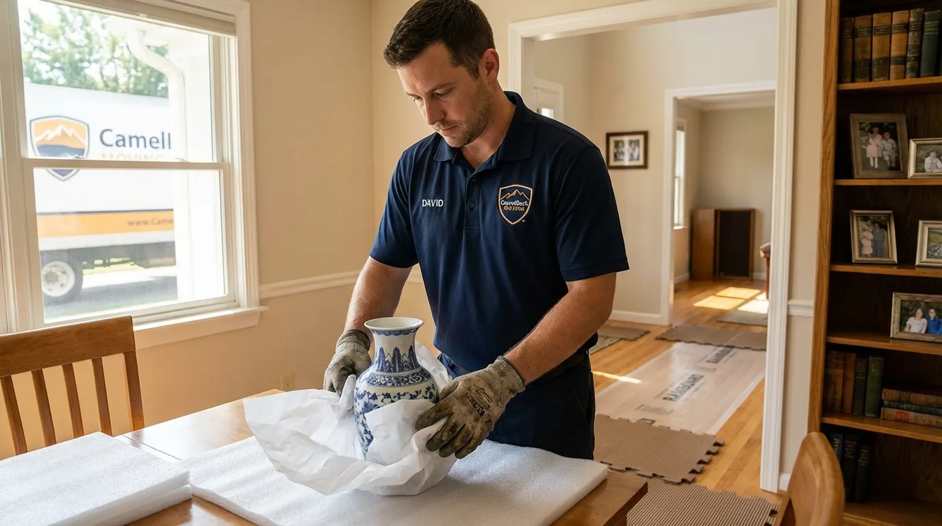 Professional crew carefully wrapping antique vase for senior downsizing move in Santa Clarita, CA